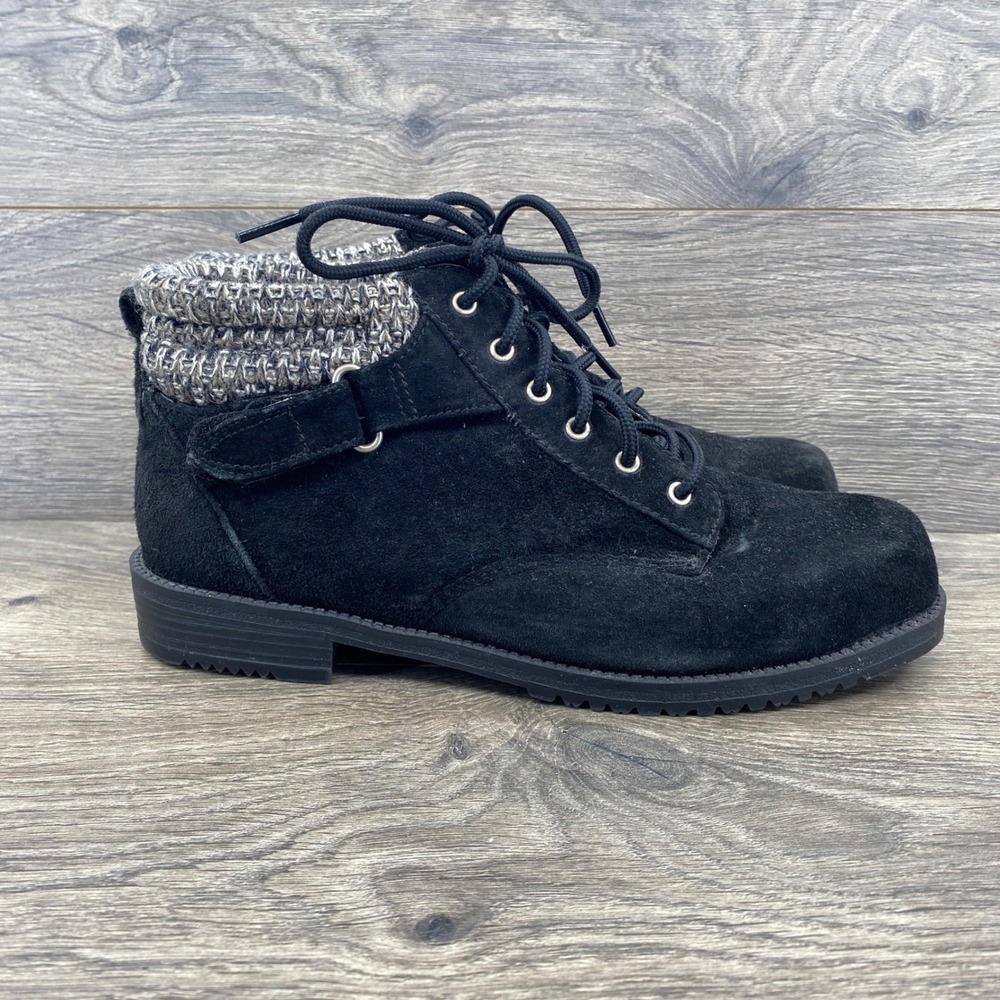 Rugged Outback Ankle Boots Womens 9W Black Suede Knit Collar Lace Up Buckle